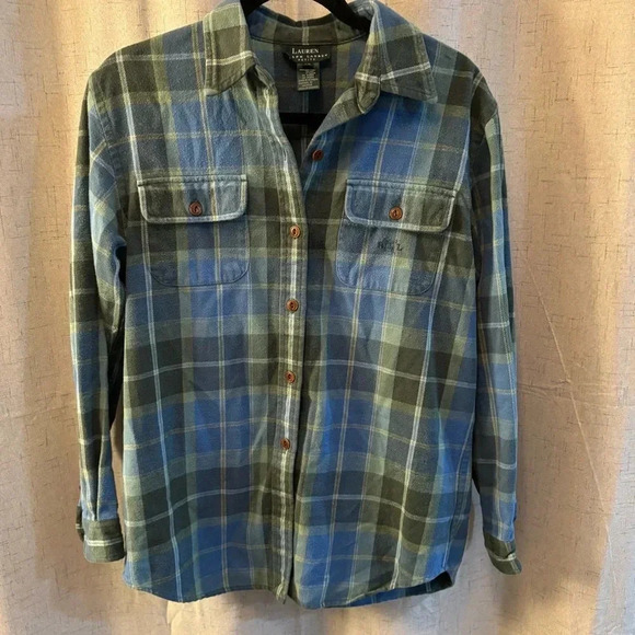 Lauren Ralph Lauren Petite Flannel, Size SP. Blue and Green Plaid. Brown buttons - Picture 1 of 7